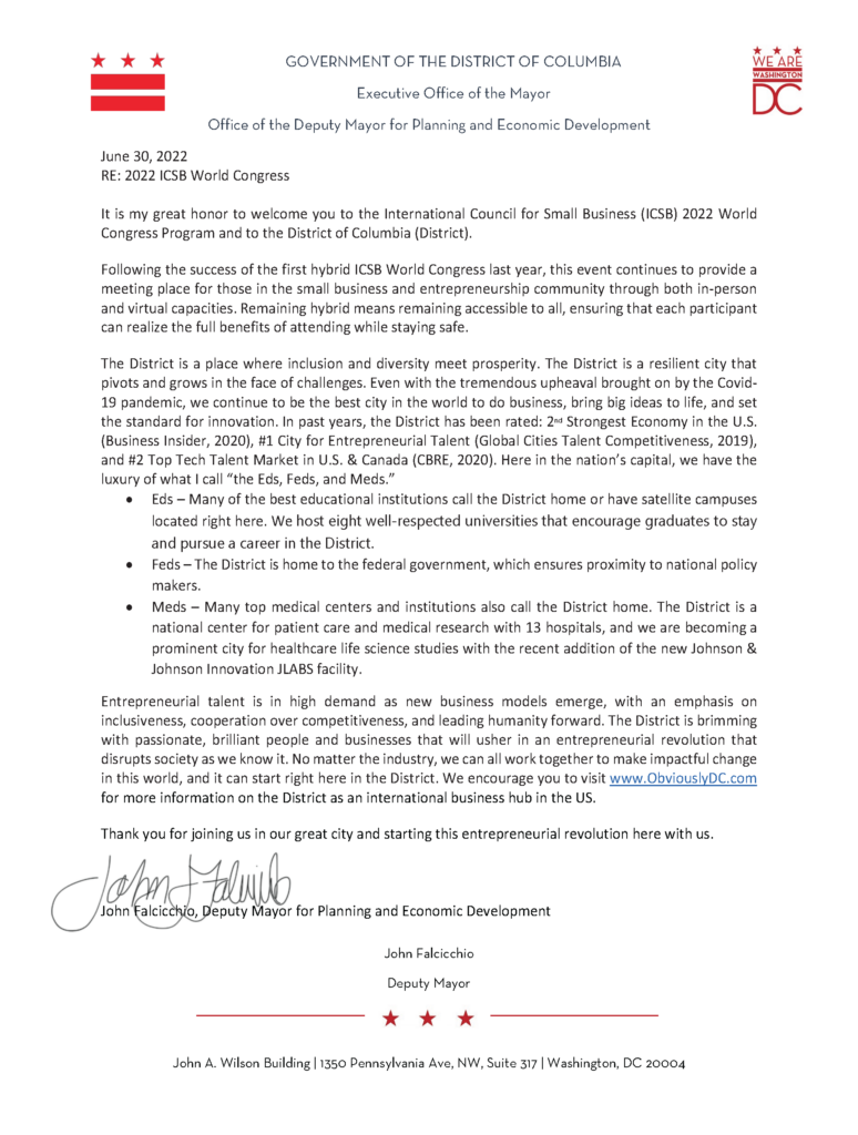 Mayor Muriel Bowser Welcomes ICSB 2022 World Congress To Washington, DC