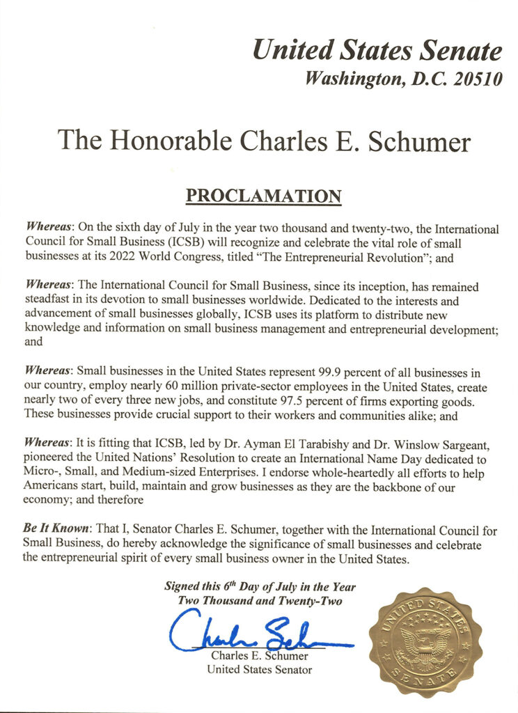 The Honorable Charles E. Schumer Recognizes the ICSB World Congress